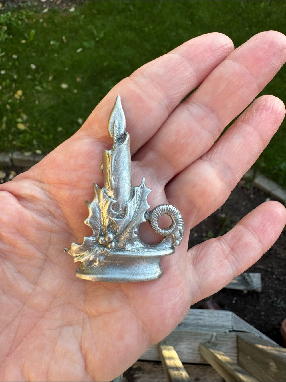 Vintage Silver Tone Holly Candle Brooch